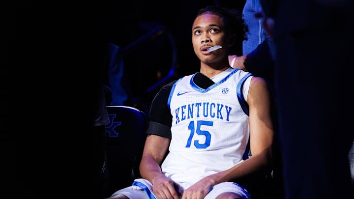 Jan 10, 2026; Lexington, Kentucky, USA; Kentucky Wildcats guard Jaland Lowe (15) waits for his name to be called during player introductions before the game against the Mississippi State Bulldogs at Rupp Arena at Central Bank Center. Mandatory Credit: Jordan Prather-Imagn Images