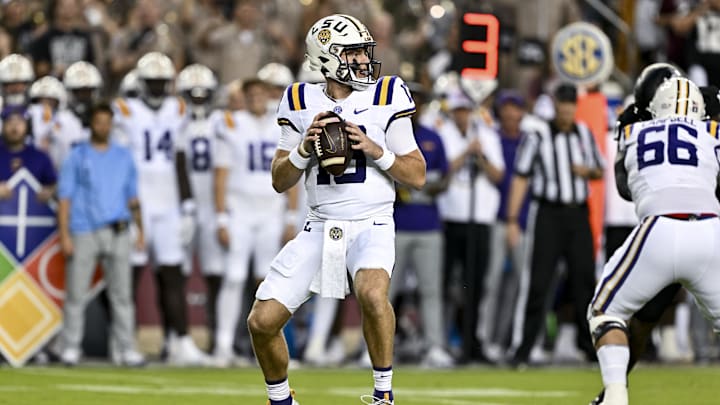 Oct 26, 2024; College Station, Texas, USA; LSU Tigers quarterback Garrett Nussmeier (13) looks to pass the ball during the first quarter against the Texas A&M Aggies at Kyle Field. Mandatory Credit: Maria Lysaker-Imagn Images. 