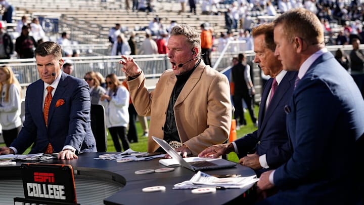 Pat McAfee mimics the lion roar sound effect through the PA system on the ESPN College Gameday set prior to the NCAA football game between the Penn State Nittany Lions and the Ohio State Buckeyes at Beaver Stadium in University Park, Pa. on Saturday, Nov. 2, 2024.