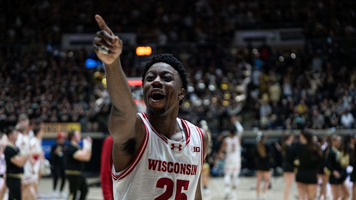 Mar 7, 2026; West Lafayette, Indiana, USA; Wisconsin Badgers guard John Blackwell (25) points and laughs at fans after beating the Purdue Boilermakers at Mackey Arena. Mar 7, 2026; West Lafayette, Indiana, USA; Wisconsin Badgers guard John Blackwell (25) points and laughs at fans after beating the Purdue Boilermakers at Mackey Arena.