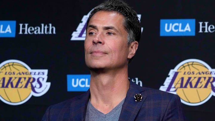  Los Angeles Lakers general manager Rob Pelinka at a press conference at crypto.com Arena.