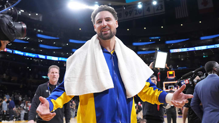 Apr 9, 2024; Los Angeles, California, USA; Golden State Warriors guard Klay Thompson (11) reacts after the game against the Los Angeles Lakers at Crypto.com Arena. Mandatory Credit: Kirby Lee-USA TODAY Sports