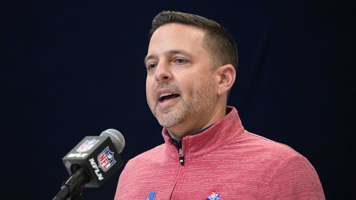 Feb 27, 2025; Indianapolis, IN, USA; New England Patriots general manager Eliot Wolf speaks during the 2025 NFL Scouting Combine at the Indiana Convention Center. Mandatory Credit: Kirby Lee-Imagn Images