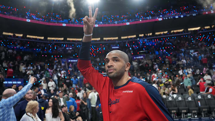 Apr 9, 2025; Inglewood, California, USA; LA Clippers forward Nicolas Batum (33) reacts after the game against the Houston Rockets at the Intuit Dome. Mandatory Credit: Kirby Lee-Imagn Images