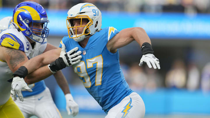 Jan 1, 2023; Inglewood, California, USA; Los Angeles Chargers linebacker Joey Bosa (97) against the Los Angeles Rams at SoFi Stadium.