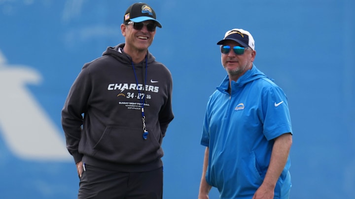  Los Angeles Chargers coach Jim Harbaugh and general manager Joe Hortiz.