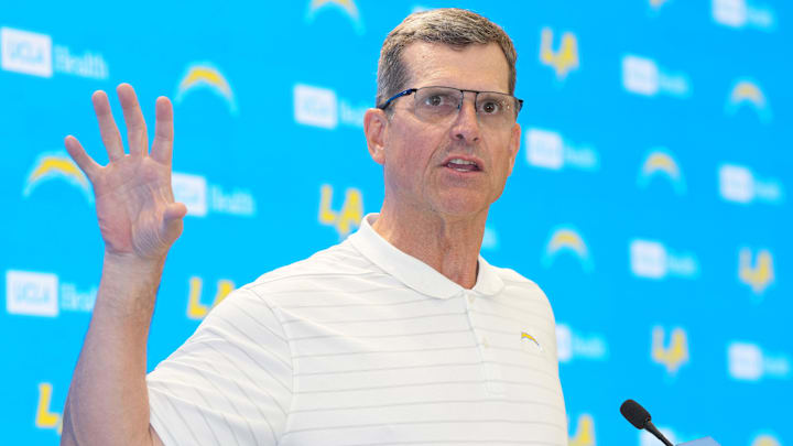 May 7, 2025; El Segundo CA, USA; Los Angeles Chargers coach Jim Harbaugh during press conference at The Bolt. Mandatory Credit: Kirby Lee-Imagn Images