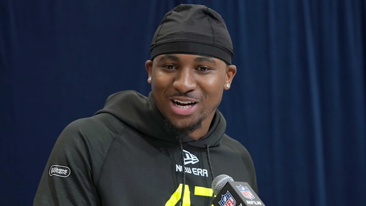 Boston College defensive lineman Donovan Ezeiruaku (DL47) during the 2025 NFL Scouting Combine at the Indiana Convention Center.