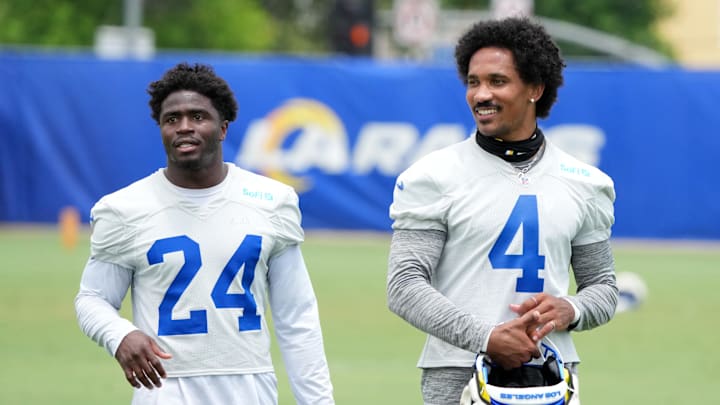 Jun 3, 2025; Woodland Hills, CA, USA; Los Angeles Rams cornerbacks Darious Williams (24) and Ahkello Witherspoon (4) during organized team activities at Rams Practice Facility. Mandatory Credit: Kirby Lee-Imagn Images