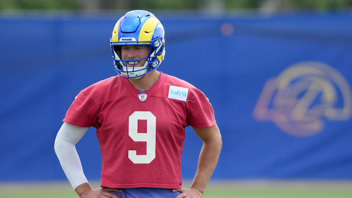 Jun 3, 2025; Woodland Hills, CA, USA; Los Angeles Rams quarterback Matthew Stafford (9) during organized team activities at Rams Practice Facility. Mandatory Credit: Kirby Lee-Imagn Images