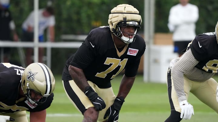 Aug 14, 2025; Carson, CA, USA; New Orleans Saints offensive tackle Kelvin Banks Jr. (71) during a joint practice against the Los Angeles Rams  at the Dignity Health Sports Park. Mandatory Credit: Kirby Lee-Imagn Images