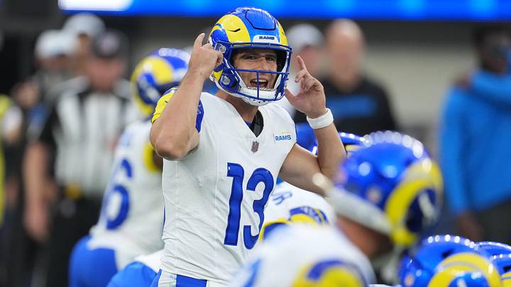 Aug 16, 2025; Inglewood, California, USA; Los Angeles Rams quarterback Stetson Bennett IV (13) gestures in the second half against the Los Angeles Chargers at SoFi Stadium. Mandatory Credit: Kirby Lee-Imagn Images