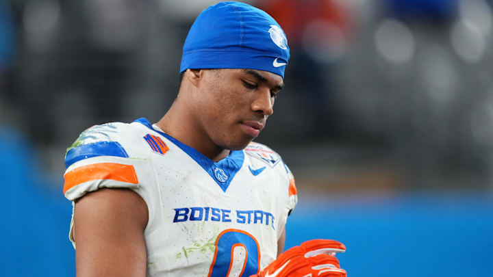 Dec 31, 2024; Glendale, AZ, USA; Boise State Broncos safety Ty Benefield (0) reacts after the game against the Penn State Nittany Lions in the Fiesta Bowl at State Farm Stadium. Mandatory Credit: Joe Camporeale-Imagn Images
