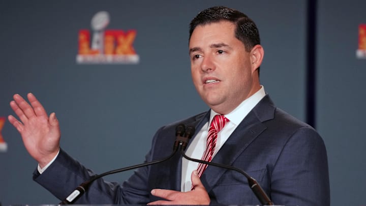 Feb 10, 2025; New Orleans, LA, USA; San Francisco 49ers chief executive officer Jed York at the Super Bowl LIX host committee handoff press conference. Mandatory Credit: Kirby Lee-Imagn Images Feb 10, 2025; New Orleans, LA, USA; San Francisco 49ers chief executive officer Jed York at the Super Bowl LIX host committee handoff press conference. Mandatory Credit: Kirby Lee-Imagn Images