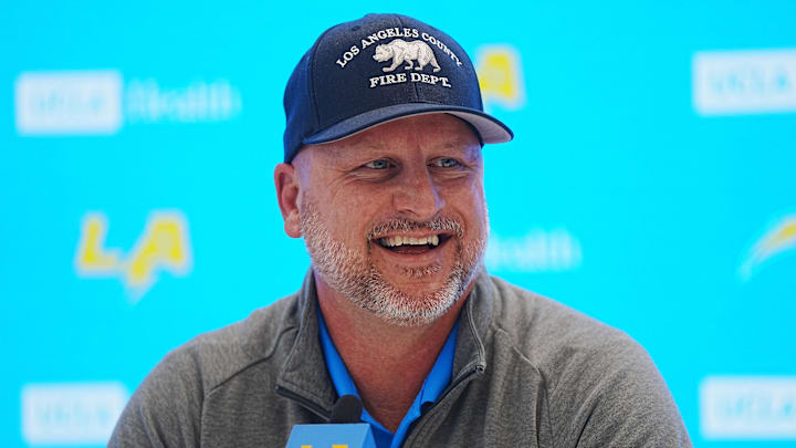 Jan 15, 2025; El Segundo, CA, USA; Los Angeles Chargers general manager Joe Hortiz at a press conference at The Bolt. Mandatory Credit: Kirby Lee-Imagn Images