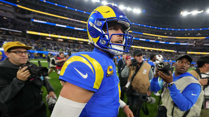 Dec 28, 2024; Inglewood, California, USA; Los Angeles Rams quarterback Matthew Stafford (9) reacts after the game against the Arizona Cardinals at SoFi Stadium. Mandatory Credit: Kirby Lee-Imagn Images Dec 28, 2024; Inglewood, California, USA; Los Angeles Rams quarterback Matthew Stafford (9) reacts after the game against the Arizona Cardinals at SoFi Stadium. Mandatory Credit: Kirby Lee-Imagn Images