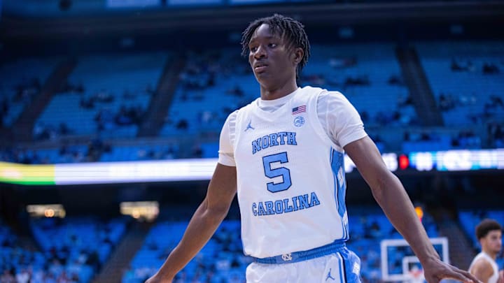 Nov 14, 2025; Chapel Hill, North Carolina, USA; North Carolina Tar Heels guard Isaiah Denis (5) guards an inbound pass during the second half against the North Carolina Central Eagles at Dean E. Smith Center. Mandatory Credit: Scott Kinser-Imagn Images
