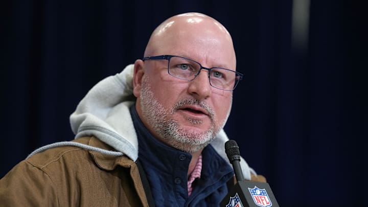Feb 24, 2026; Indianapolis, IN, USA; Los Angeles Chargers general manager Joe Hortiz speaks at the NFL Scouting Combine at the Indiana Convention Center. Mandatory Credit: Kirby Lee-Imagn Images