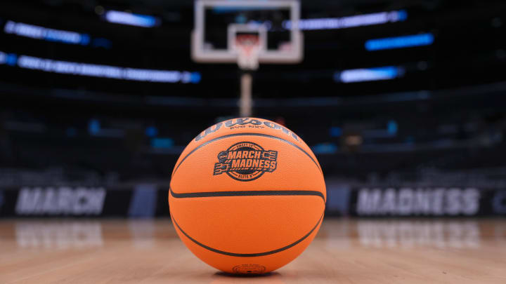 A basketball with the March Madness logo A basketball with the March Madness logo