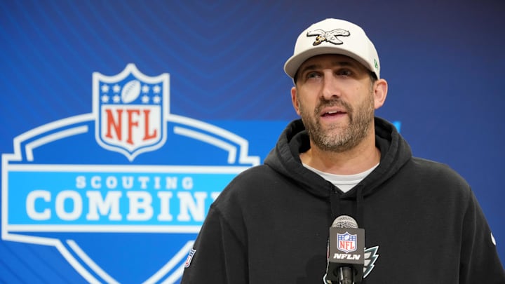 Feb 25, 2025; Indianapolis, IN, USA; Philadelphia Eagles coach Nick Sirianni speaks during the NFL Scouting Combine at the Indiana Convention Center. Mandatory Credit: Kirby Lee-Imagn Images