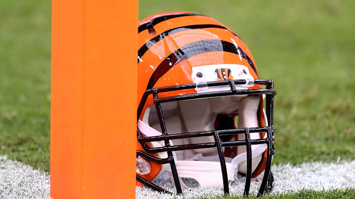 Aug 24, 2014; Glendale, AZ, USA; Detailed view of a Cincinnati Bengals helmet on the field next to the end zone scoring pylon against the Arizona Cardinals at University of Phoenix Stadium. Mandatory Credit: Mark J. Rebilas-Imagn Images