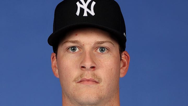 Feb 21, 2024; Tampa, FL, USA; New York Yankees pitcher Chase Hampton poses during Photo Day at Steinbrenner Field. Mandatory Credit: MLB Photos via USA TODAY NETWORK
