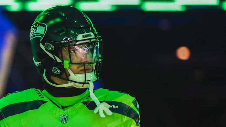 Dec 15, 2024; Seattle, Washington, USA; Seattle Seahawks tight end AJ Barner (88) exits the locker room before pregame warmups against the Green Bay Packers at Lumen Field. 