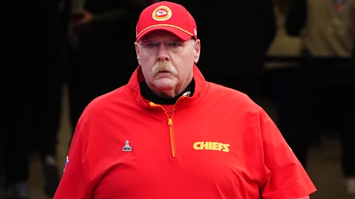 Nov 17, 2024; Orchard Park, New York, USA; Kansas City Chiefs head coach Andy Reid walks onto the field prior to the game against the Buffalo Bills at Highmark Stadium. Mandatory Credit: Gregory Fisher-Imagn Images