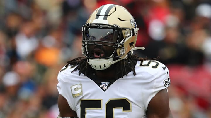 Nov 17, 2019; Tampa, FL, USA; New Orleans Saints outside linebacker Demario Davis (56) celebrates as he makes a tackle against the Tampa Bay Buccaneers during the first half at Raymond James Stadium. Mandatory Credit: Kim Klement-Imagn Images
