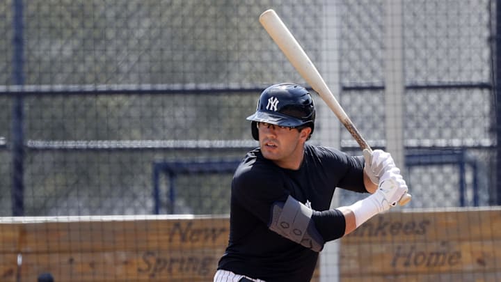 Feb 25, 2021; Tampa, Florida, USA; New York Yankees catcher Austin Wells (72) at bat during spring