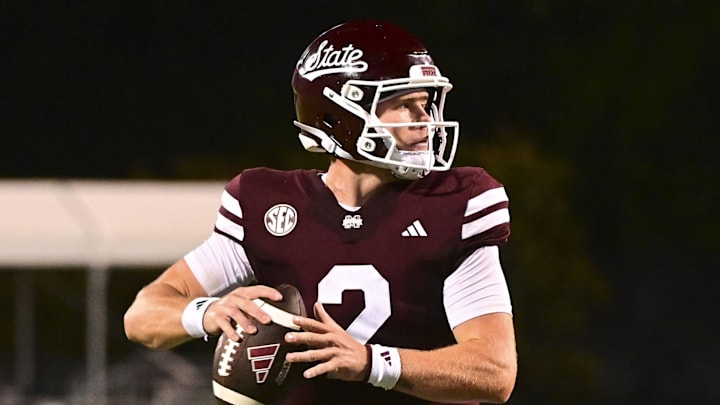 Sep 14, 2024; Starkville, Mississippi, USA; Mississippi State Bulldogs quarterback Blake Shapen (2) makes a pass against the Toledo Rockets during the fourth quarter at Davis Wade Stadium at Scott Field. Mandatory Credit: Matt Bush-Imagn Images