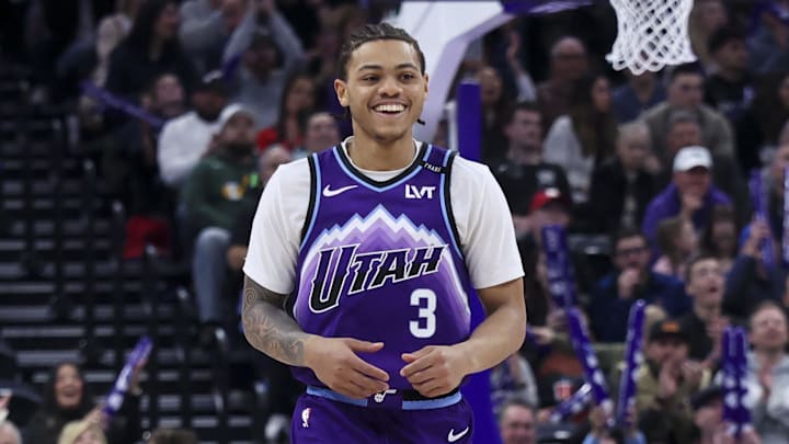 Jan 30, 2026; Salt Lake City, Utah, USA; Utah Jazz guard Keyonte George (3) reacts after a three point basket against the Brooklyn Nets during the second half at Delta Center. Mandatory Credit: Rob Gray-Imagn Images