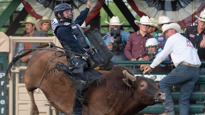 Trevor Reiste rides Kish List in the Xtreme Bull Riding Tour during the Reno Rodeo on Thursday, June 20, 2024.