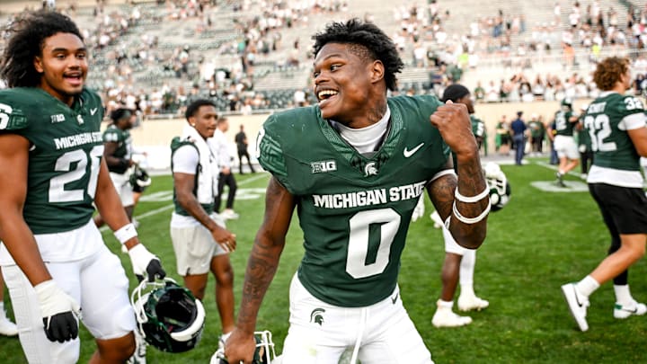 Michigan State's Charles Brantley celebrates after the win over Prairie View A&M on Saturday, Sept. 14, 2024, at Spartan Stadium in East Lansing.