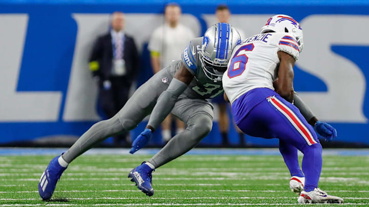 Detroit Lions safety Kerby Joseph (31) tackles Buffalo Bills wide receiver Isaiah McKenzie (6).