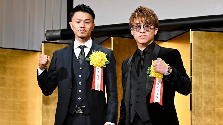 Junto Nakatani (left) and Naoya Inoue (right) during the JBC Annual Boxing Awards ceremony 2024. Junto Nakatani (left) and Naoya Inoue (right) during the JBC Annual Boxing Awards ceremony 2024.