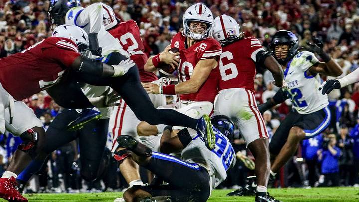 Oklahoma quarterback John Mateer gets sacked against Kentucky. Mateer has struggled with turnovers and missed opportunities in the passing game so far this season.