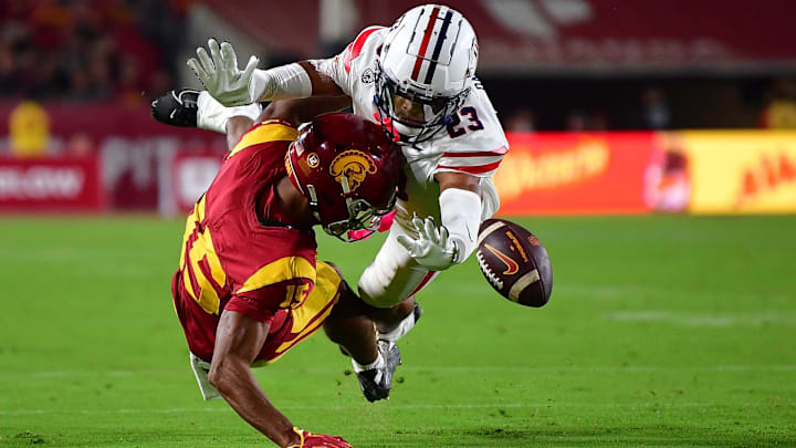 Arizona cornerback Tacario Davis got flagged on this 2023 play against USC's Dorian Singer.