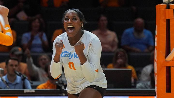 Tennessee outside hitter Kennedi Rogers (0) celebrates getting a point during a NCAA volleyball game between Tennessee and Illinois at Thompson-Boling Arena at Food City Center in Knoxville, Tenn., on Sept. 1, 2026. Tennessee outside hitter Kennedi Rogers (0) celebrates getting a point during a NCAA volleyball game between Tennessee and Illinois at Thompson-Boling Arena at Food City Center in Knoxville, Tenn., on Sept. 1, 2026.