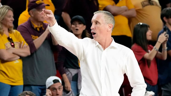 Arizona State Sun Devils head coach Bobby Hurley instructs his team to go to the locker room before the end of a Big 12 men's basketball game against the Arizona Wildcats at Desert Financial Arena on Feb. 1, 2025, in Tempe.