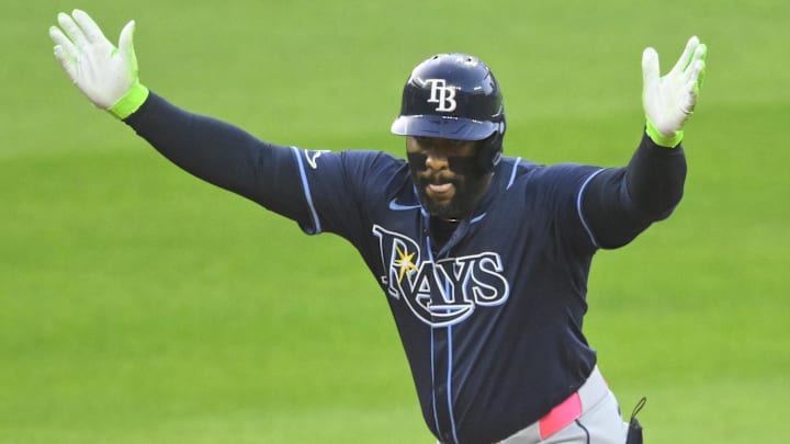 Tampa Bay Rays first baseman Yandy Diaz celebrates a double against the Cleveland Guardians on Sept. 12 at Progressive Field. Tampa Bay Rays first baseman Yandy Diaz celebrates a double against the Cleveland Guardians on Sept. 12 at Progressive Field.