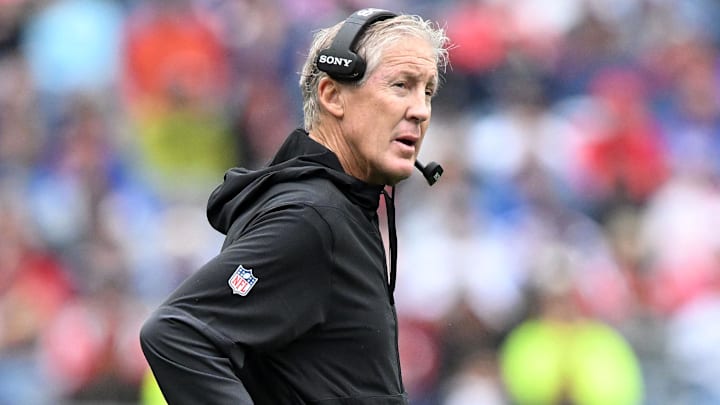 Sep 7, 2025; Foxborough, Massachusetts, USA; Las Vegas Raiders head coach Pete Carroll in the first half against the New England Patriots at Gillette Stadium. Mandatory Credit: Brian Fluharty-Imagn Images Sep 7, 2025; Foxborough, Massachusetts, USA; Las Vegas Raiders head coach Pete Carroll in the first half against the New England Patriots at Gillette Stadium. Mandatory Credit: Brian Fluharty-Imagn Images
