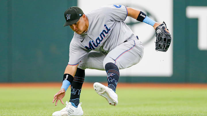 Aug 6, 2023; Arlington, Texas, USA; Miami Marlins right fielder Avisail Garcia (24) fields a ground
