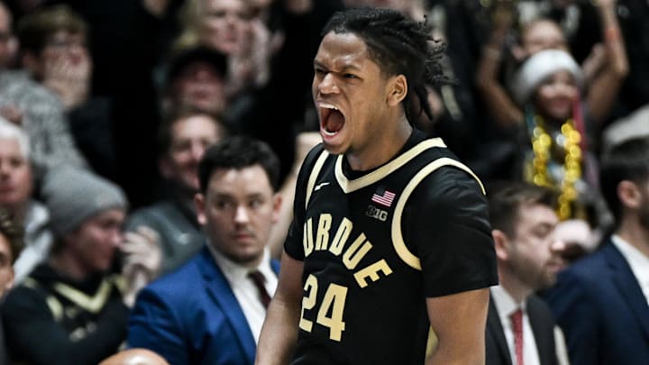 Purdue Boilermakers guard Gicarri Harris (24) celebrates after a play.