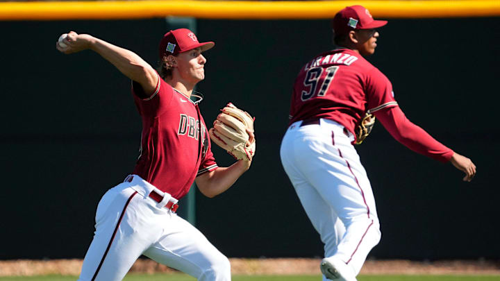 Ryan Weiss throwing a pitch during spring training in 2022 for the Diamondback Ryan Weiss throwing a pitch during spring training in 2022 for the Diamondback