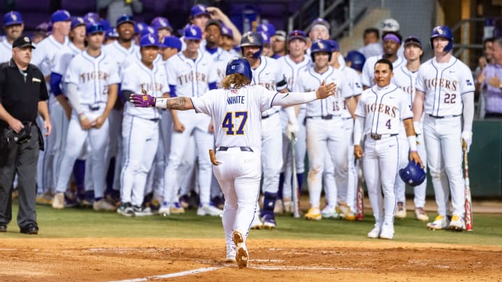 Tommy White 47 hits his second home run of the night as the LSU Tigers take on the Vanderbilt Commodores at Alex Box Stadium in Baton Rouge LA. Friday, April 5, 2024.