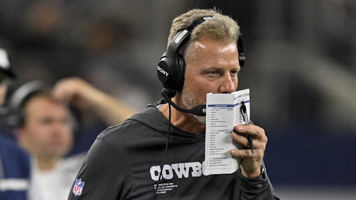Aug 16, 2025; Arlington, Texas, USA; Dallas Cowboys defensive coordinator Matt Eberflus looks on during the game between the Dallas Cowboys and the Baltimore Ravens at AT&T Stadium. Mandatory Credit: Jerome Miron-Imagn Images