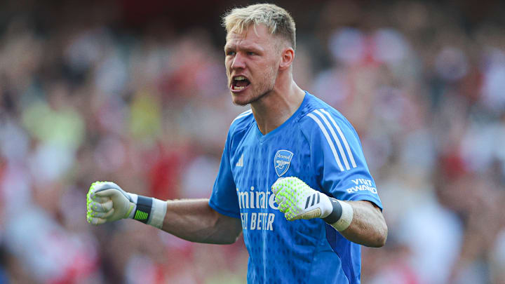 Aaron Ramsdale celebrates during Arsenal's win over Manchester United