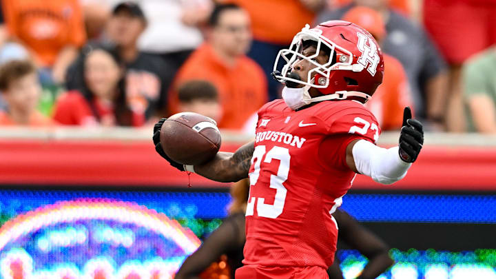 Nov 18, 2023; Houston, Texas, USA; Houston Cougars defensive back Isaiah Hamilton (23) reacts after
