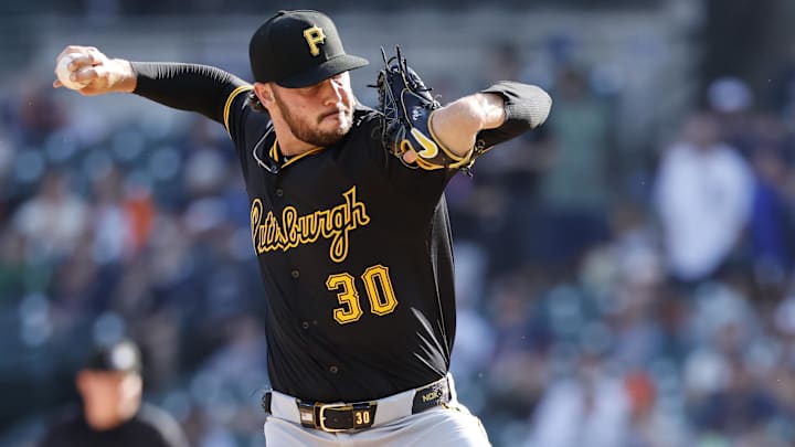 Jun 19, 2025; Detroit, Michigan, USA;  Pittsburgh Pirates pitcher Paul Skenes (30) pitches in the first inning against the Detroit Tigers at Comerica Park. Mandatory Credit: Rick Osentoski-Imagn Images